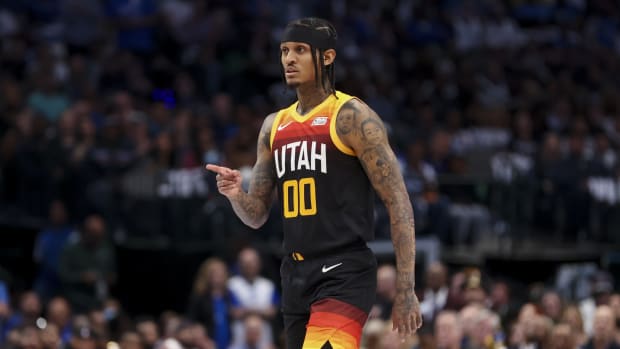 Utah Jazz guard Jordan Clarkson (00) reacts against the Dallas Mavericks during the second quarter in game two of the first round of the 2022 NBA playoffs at American Airlines Center.